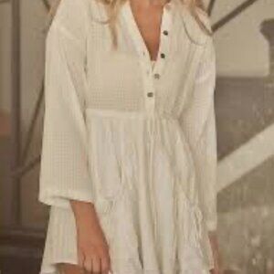 Free People White Boho Mini Dress with Ties & Pockets - L